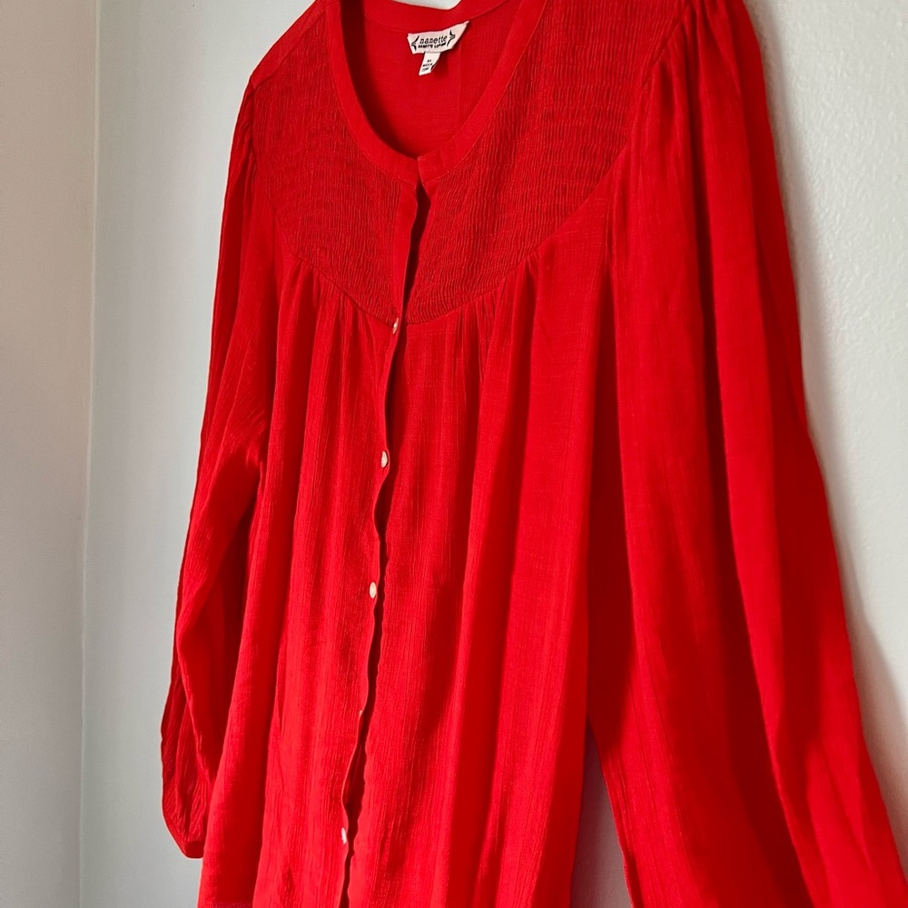 Nanette Lepore Vibrant Holiday Red Button Up Boho Blouse Top Unique Collar XL - Picture 3 of 8
